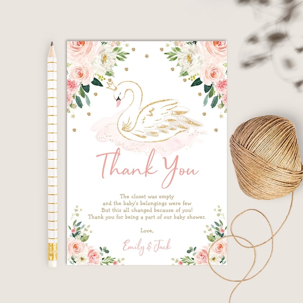 Swan Princess Thank You Card, Blush Floral Baby ShowerThank You Note, Pink Gold Swan Birthday Printable Editable Template Download, SWAN1