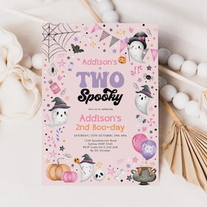 Halloween Girl 2nd Birthday Invitation Editable Template Pink Girly Happy Halloween Second Birthday Party Theme Two Spooky Corjl Invite HL1