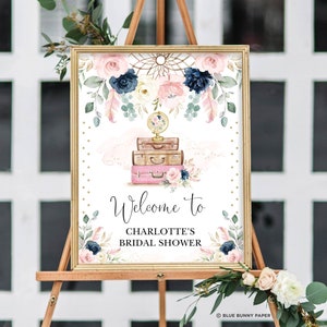 Travel Bridal Shower Welcome Sign, Blush Navy Floral Traveling Suitcase Wedding Shower Decorations, Dreamcatcher EDITABLE TEMPLATE, BOHO5