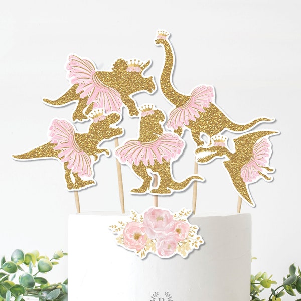 Princess Dinosaur Cake Toppers Ballerina T-Rex Tutu Tiara Birthday Table Decor Centerpiece Pink Gold Floral Baby Shower Favors Download DIN4