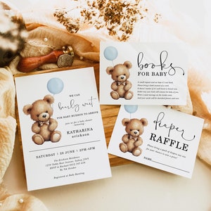Blauwe ballon teddybeer babyshower uitnodigingssuite We kunnen het moeilijk wachten nodigen boeken uit voor babyluier loterij BEWERKBARE SJABLOON BR14