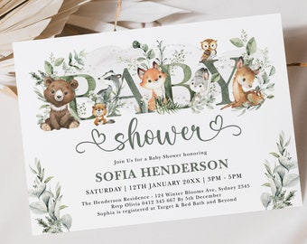 Sage Green Woodland Baby Shower Invitation Template Greenery Forest Animals Invite Eucalyptus Gender Neutral Printable Instant Download FOR4