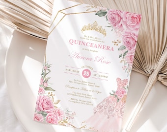 Pink Roses Quinceañera Invitation, Princess Mis Quince 15 Anos Birthday, Pink Gold Floral EDITABLE Template Corjl Instant Download, FLO10