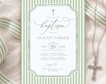 Green Stripe Baptism Invitation, Christening Invite, Digital Canva Template, GS1