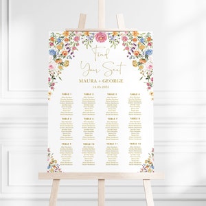 Kleurrijke Wildflower bruiloft zitplaatsen grafiek BEWERKBARE sjabloon tuin bloemen bruids douche baby shower verjaardag zitplaatsen plan afdrukbare, FLO2
