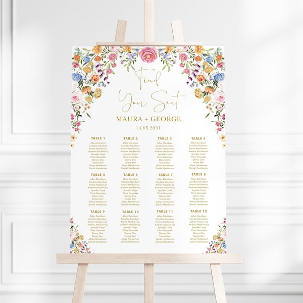 Colorful Wildflower Wedding Seating Chart EDITABLE Template Garden Flowers Bridal Shower Baby Shower Birthday Seating Plan Printable, FLO2