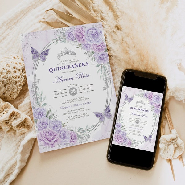Lila zilveren Quinceanera uitnodiging sjabloon paarse lavendel bloemen Mis kweepeer 15 Anos bewerkbare verjaardag uitnodigen Tiara vlinders FLO21