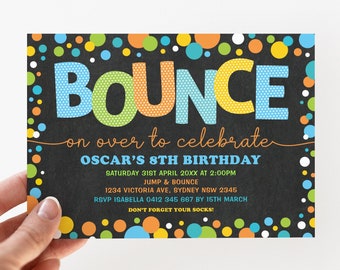 May include: A colorful invitation for a child's birthday party. The invitation features a chalkboard background with colorful polka dots and the words "BOUNCE on over to celebrate OSCAR'S 8TH BIRTHDAY". The invitation also includes the date, time, and location of the party.