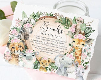May include: A baby shower request card with a watercolor illustration of jungle animals, including a giraffe, zebra, elephant, lion, and cheetah. The card reads "Books for the Baby. A small request and we hope it's not hard, Please bring a book instead of a card. It doesn't matter if it's well loved or brand new, Either way your book will remind the baby of you. Write a sweet message on the inside cover, And your words will be cherished forever and ever."