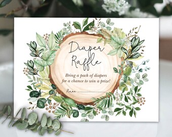 Rustic Greenery Diaper Raffle Card, Botanical Baby Shower Printable, Green Leaves Foliage Baby Sprinkle Insert Card Instant Download, GR2