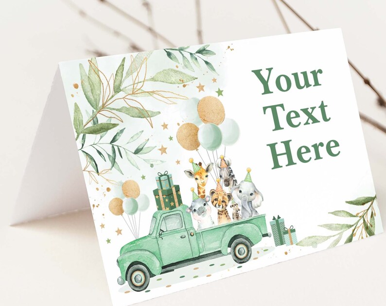 Jungle Party Animals Editable Place Cards Greenery Safari Baby Shower Decoration Wild One 1st Birthday Food Labels Template