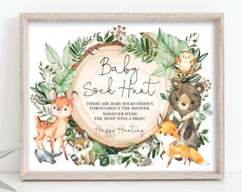 Baby Sock Hunt, Woodland Baby Shower Game Sign, Sock Hunting Game, Greenery Forest Animals Printable INSTANT DOWNLOAD, WOOD27