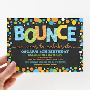 Jump Boy Birthday Trampoline Party Invitation Colorful Bounce House Invite Confetti Bubbles EDITABLE TEMPLATE Corjl Instant Download JUMP7