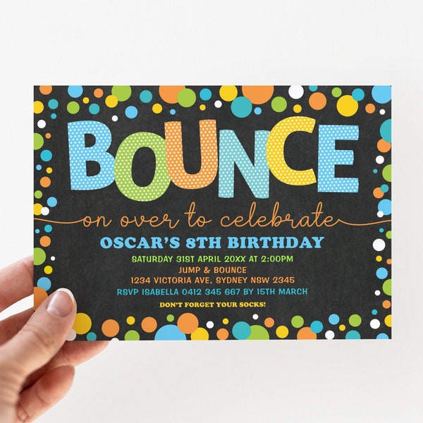 Jump Boy Birthday Trampoline Party Invitation Colorful Bounce House Invite Confetti Bubbles EDITABLE TEMPLATE Corjl Instant Download JUMP7