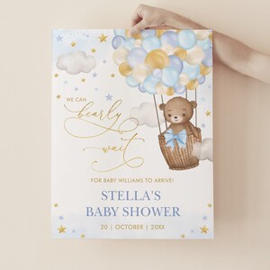 We Can Bearly Wait Baby Shower Welcome Sign Teddy Bear Balloon Blue Gold Moon Stars Party Decoration Baby Boy Editable Instant Download BR8