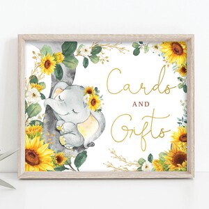 Karten und Geschenke Zeichen Sonnenblume Elefant Baby Shower Dekorationen Sommer Gelb Floral Wild One 1st Birhday Party Decor SOFORTIGER DOWNLOAD, EL12