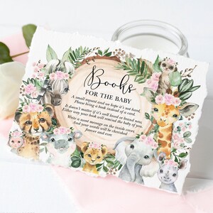 Fille Safari thème bébé douche livres pour bébé carte, Jungle animaux fard à joues fleurs roses apporter un livre imprimable Insert téléchargement instantané, JUN16