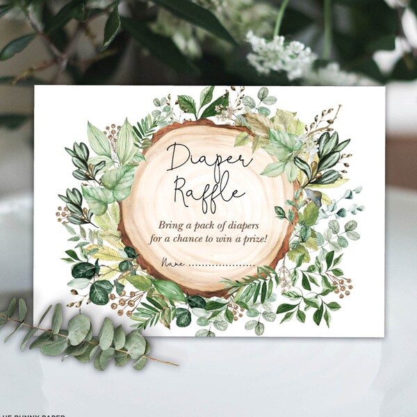 Rustic Greenery Diaper Raffle Card, Botanical Baby Shower Printable, Green Leaves Foliage Baby Sprinkle Insert Card Instant Download, GR2
