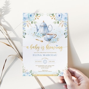 Invitación a la fiesta del té de la ducha del bebé del niño, invitación al brunch del bebé que prepara el bebé, plantilla editable imprimible del par-té floral del oro azul, FLO43