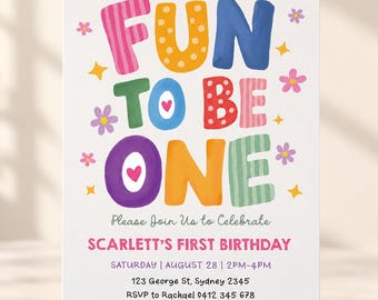 Fun to Be One First Birthday Invitation, Hand Drawn Typography Girl 1st Birthday Canva Template, FUN2