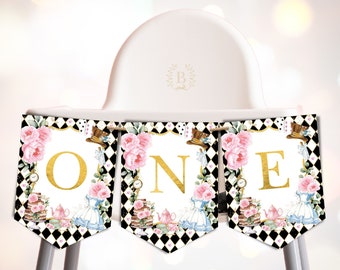 Alice in Wonderland High Chair Banner Onederland 1st Birthday Decorations ONE Banner Mad Hatter Tea Party Decor INSTANT DOWNLOAD AL3
