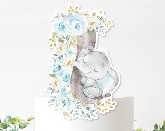 Large Elephant Cake Topper, Blue Floral Wild One Birthday Cupcake Toppers, Jungle Cake Decorations Table Decor Centerpiece Download, EL8