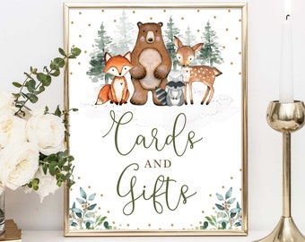 Cards and Gifts Sign, Winter Woodland Animals Baby Shower Decorations, Forest Onederland Birthday Decor Printable Instant Download, WOOD14