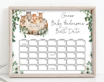 Editable Woodland Baby Due Date Calendar, Greenery Forest Animals Guess Baby's Birthday Game, Woodland Baby Prediction Template, WOOD40