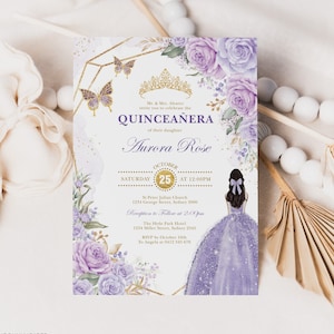Purple Princess Quinceanera Editable Invitation Template Mis Quince 15 Anos Gold Glitter Invite Butterflies Crown Princess Dress FLO21