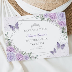 Paars zilver Quinceañera Save the Date sjabloon Lila bloemen vlinders Mis Quince 15 Anos verjaardag BEWERKBARE Instant Download FLO21
