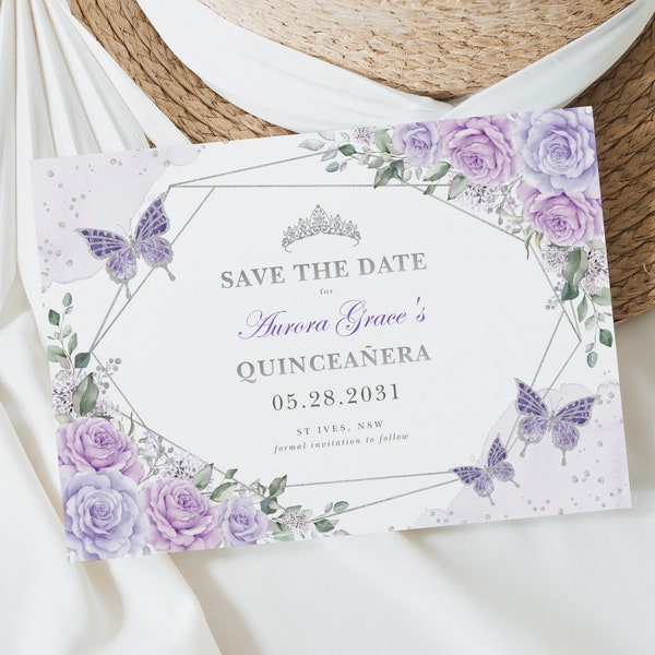 Purple Silver Quinceañera Save the Date Template Lilac Floral Butterflies Mis Quince 15 Anos Birthday EDITABLE Instant Download FLO21