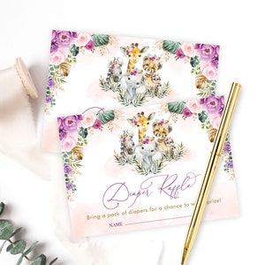 Boho Jungle Animals Diaper Raffle Printable, Wild Safari Girl Baby Shower, Purple Blush Floral Tropical Greenery Instant Download, SAF7