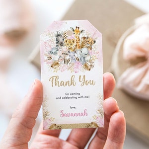 Editable Blush Jungle Favor Tag, Boho Pink Gold Safari Baby Shower Thank You Tags Template, Wild Animals Printable Instant Download, JUN17P