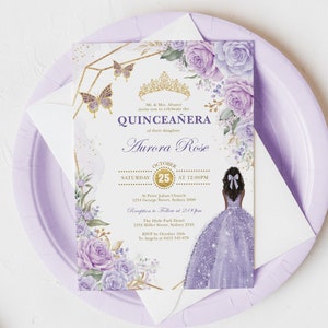 Purple Quinceanera Invitation Brown Skin Curly Hair Mis Quince Invite Crown Princess Dress Butterflies Editable Template Download FLO21