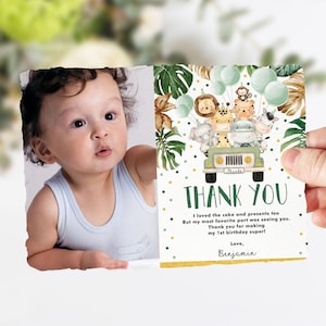 Safari-Tiere-Dankes-Karte, Greenery Jungle Wild One Geburtstag EDITIERBARE VORLAGE, Tropical Baby Shower druckbare Instant Download, SAF3