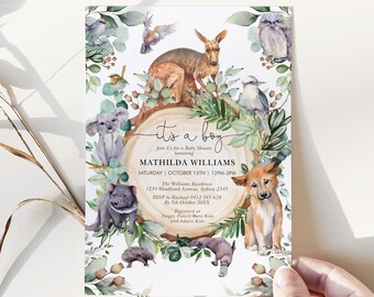 May include: It's a boy baby shower invitation with a watercolor illustration of Australian animals, including a koala, kangaroo, echidna, and kookaburra. The invitation includes the text "It's a boy", "Join Us for a Baby Shower", "honoring", "MATHILDA WILLIAMS", "SATURDAY | OCTOBER 15TH | 12PM-3PM", "The Williams Residence", "1234 Woodland Avenue, Sydney 2345", "RSVP to Rachael 0412 345 678", "By 5th October 20XX", "Registered at", "Target, Pottery Barn Kids and Adairs Kids".
