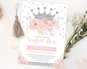May include: A pink and silver princess-themed birthday invitation with a glitter crown, flowers, and the text "Our Little Princess Scarlett Rose is Turning Four. Please Join Us to Celebrate! Saturday, 30th September 2018 at 3:00PM 123 Pink & Gold Avenue, Sydney 2345 RSVP to Liliana 0412 345 67 By 10th August 2018"