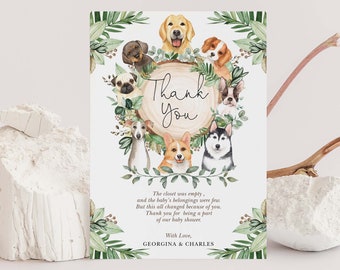 Dog Thank You Card, Greenery Puppy Baby Shower Favors, Dogs Birthday Printable Party Download, Cute Pooch EDITABLE TEMPLATE,  DOG1