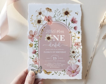 Little Miss ONEderful First Birthday Invitation Muted Blush Boho Wildflower Garden Party Invite Butterfly EDITABLE TEMPLATE Download FLO32