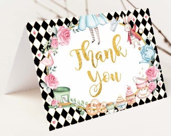 Alice in Wonderland Folded Thank You Card, Mad Hatter Baby Shower Printable, Onederland Tea Party Birthday Favors, Instant Download, AL1