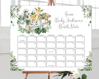 May include: A printable baby shower game sign with a jungle theme. The sign has a calendar with the text "Guess Baby Anderson's Birth Date" and a watercolor illustration of jungle animals.