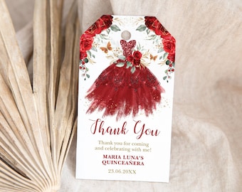 May include: Red and gold thank you tag with a watercolor illustration of a red dress with gold glitter. The text reads "Thank You" and "Maria Luna's Quinceañera 23.06.20XX".