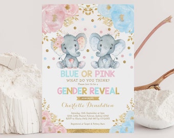 EDITABLE Elephant Gender Reveal Invitation, Blue or Pink Invite, Boy or Girl Elephant Baby Shower Invitation Printable Template Download EL6