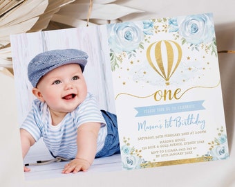EDITABLE Hot Air Balloon 1st Birthday Invitation, Blue Gold Adventure Party Invite Template, Places You'll Go INSTANT DOWNLOAD, HAB7