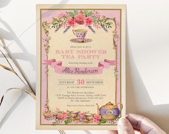 Vintage Tea Party Baby Shower Invitation Template, EDITABLE Sip and See Baby Girl Invite, Retro Chic High Tea Printable Download, TEA9