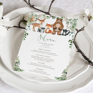 BEWERKBARE bosmenusjabloon. Groen bosdieren afdrukbare menukaart. Neutrale babyshower. 1e verjaardag INSTANT DOWNLOAD. HOUT24