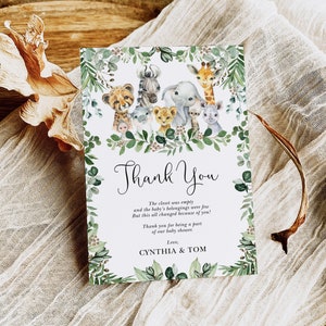 Carte de remerciement Safari, Jungle Animals Baby Shower, Wild One 1st Birthday Favors, EDITABLE TEMPLATE, Corjl Instant Download, JUN13