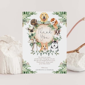 Dog Thank You Card, Greenery Puppy Baby Shower Favors, Dogs Birthday Printable Party Download, Cute Pooch EDITABLE TEMPLATE,  DOG1