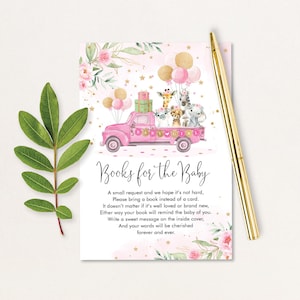 Or rose Jungle Baby Shower livres pour carte de bébé, animaux de Safari sauvages apporter une carte de livre, Floral Drive par fille Baby Shower Télécharger, DB5