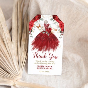 Red Floral Quinceanera Favor Tag EDITABLE Mis Quince 15 Anos Thank You Tag Template Princess Dress 15th Birthday Gift Tag Download FLO11
